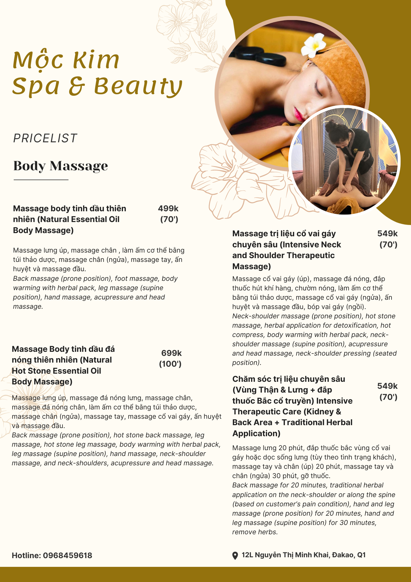 Menu, Price list Body Massage, Neck and shoulder therapy, hot stone