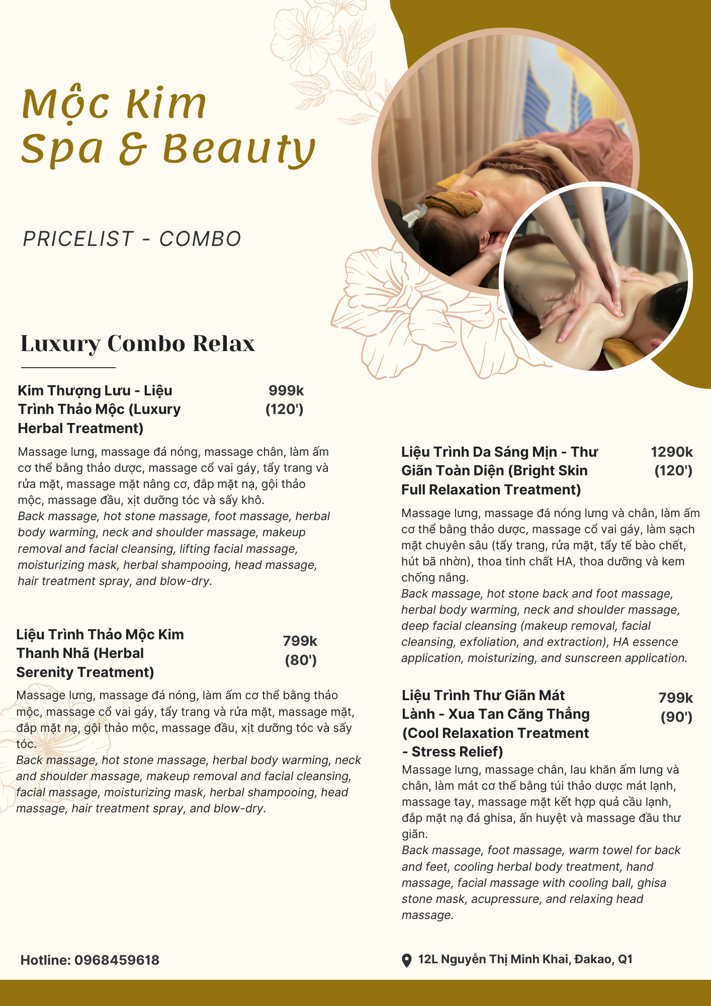 Menu, Price list Full combo Body Massage