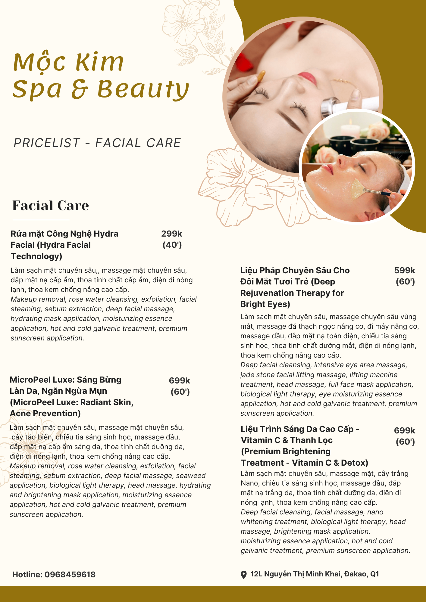 Menu, Facial Care Price List, Facial Care, Basic and Advanced